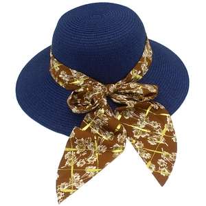 Elegant wide brim navy straw sun hat for women with floral ribbon and bow decoration