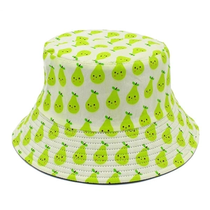Off-white cotton bucket hat featuring cute green pear prints for sun protection