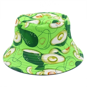 Cotton bucket hat with cartoon avocado print pattern for men and women in green color