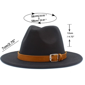 Size guide for black wool fedora hat with brim width and crown height measurements