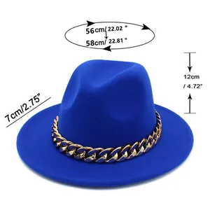 Size chart for blue wool fedora hat with gold chain detailing and measurements