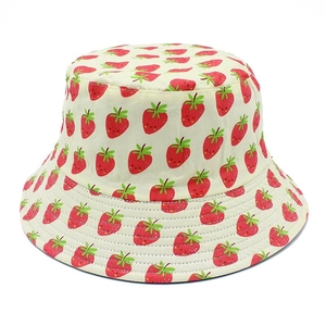 Women Cotton Fruit Print Reversible Bucket Hat Strawberry Pineapple Pear Sunscreen Outdoor Travel Fisherman Hat