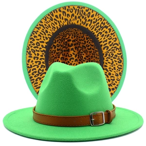 Bright green wool fedora hat with leopard print lining and brown leather belt buckle