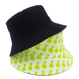 Double-sided cotton bucket hat featuring solid black and cute pear fruit print patterns