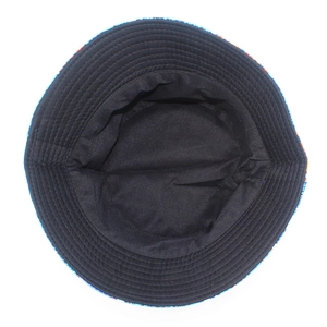 Unisex cotton bucket hat with blue floral print brim and black lining for sun protection