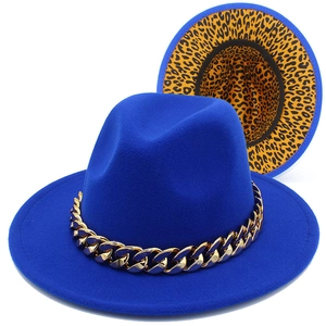Detail of wool fedora with gold chain and yellow leopard print lining inside