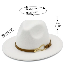 Detail of white wide brim fedora hat with size specifications and leather buckle band