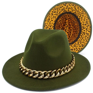 Detail of wool fedora hat with gold chain and leopard print lining under brim