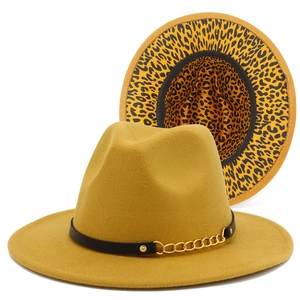 Yellow wool fedora hat with gold chain band and leopard print lining interior