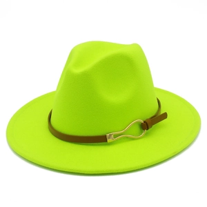 Detail of neon green wide brim fedora with brown leather band and gold metal buckle