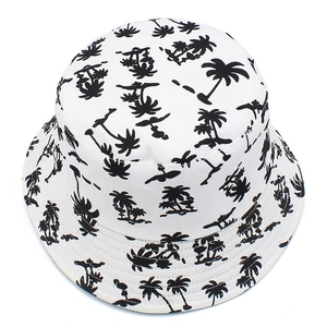 Minimalist cotton bucket hat with black palm tree pattern for sun protection