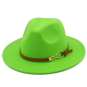 Detail view of neon green fedora hat featuring a brown leather band and gold metal buckle