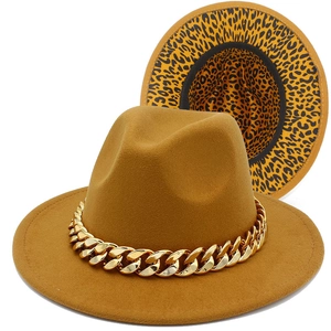Vintage British Style Wool Felt Fedora Hat With Gold Acrylic Chain And Leopard Print Lining Wide Brim Jazz Hat For Women