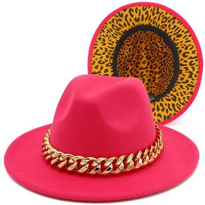 Fuchsia wool jazz fedora hat with chunky gold metal chain and leopard print lining