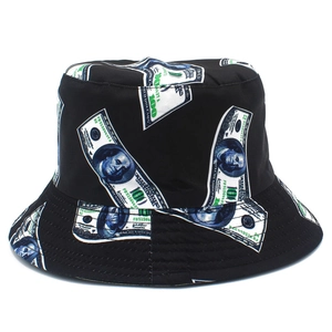 Unisex cotton bucket hat with 100 dollar bill print for hip hop street style sun protection