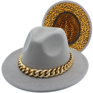 Detail of grey fedora featuring gold curb chain and leopard print lining on the brim