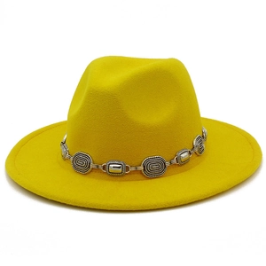 Bright yellow wool felt fedora hat featuring a vintage silver metal chain band