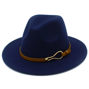 Detailed view of navy wool fedora hat with yellow leather strap and gold buckle