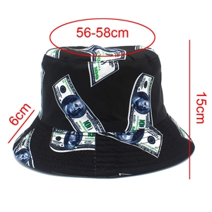 Detail showing 56-58cm head circumference and dollar pattern on the black bucket hat