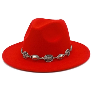 Classic red wide brim fedora hat for women and men featuring a vintage silver metal chain