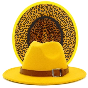 Close-up of yellow wool fedora featuring leopard print lining and brown faux leather belt