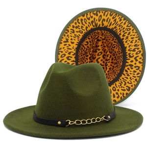 Olive green fedora hat with gold chain band and stylish leopard print lining