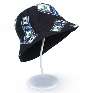 Unisex black cotton bucket hat with dollar bill print for street fashion sun protection