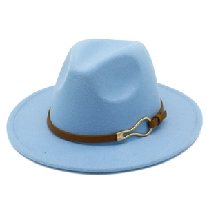 Detail of light blue wool fedora hat featuring a brown leather band and gold metal buckle