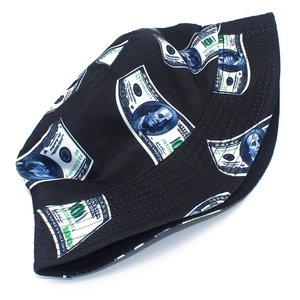Unisex black cotton bucket hat with all-over 100 dollar bill print for street style