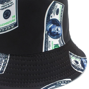 Streetwear black bucket hat with full 100 dollar bill print pattern for sun protection
