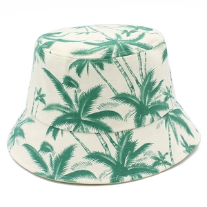 Chapeau bob en coton avec imprimé palmier vert sur tissu écru pour protection solaire
