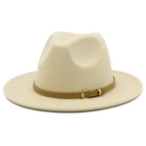 Detailed view of off-white felt fedora hat featuring a thin brown leather buckle band