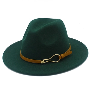 Detailed view of dark green wool fedora hat with brown leather band and gold buckle