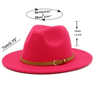 Detailed view of rose red wool fedora hat with size measurements 56-58cm for head circumference