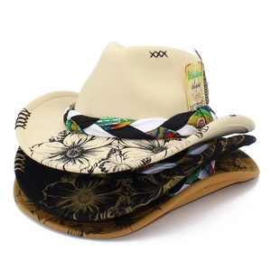 Detail of western wool fedora with floral brim patterns and woven decorative bands