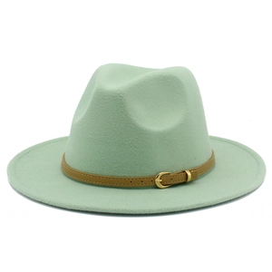 Classic mint green wide brim fedora hat with brown leather belt and golden buckle