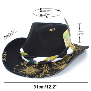 Detail of wool fedora hat with gold floral print, woven band, feather and embroidery