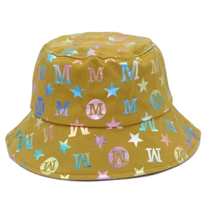 Mustard yellow cotton bucket hat featuring rainbow laser metallic star and letter prints