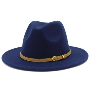 Close-up of dark blue wool fedora hat featuring khaki leather belt and gold buckle