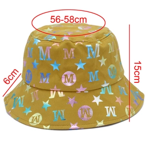 Detailed measurement of cotton bucket hat with holographic stars and M print, size 56-58cm