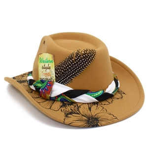 Detail of wool fedora hat with pheasant feather and ethnic patterned band on white background
