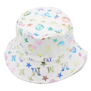 White cotton bucket hat with colorful laser star and letter prints for sun protection