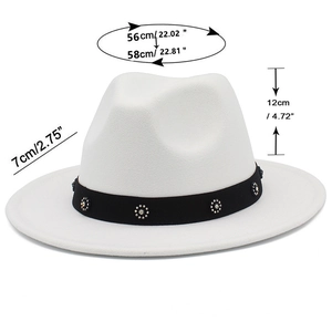 Detailed size chart of white wool fedora with 7cm brim and metallic studded band
