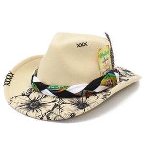 Classic beige wool felt western cowboy hat with black floral patterns and braided ribbon trim
