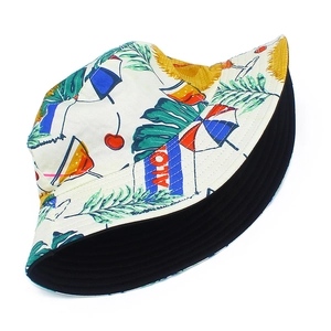 Double-sided cotton bucket hat featuring tropical Aloha prints and solid black side