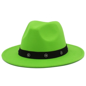 Detail of neon green wool fedora hat featuring black band with silver floral rhinestones