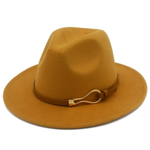 Classic wide brim wool felt jazz fedora in mustard yellow with brown leather band