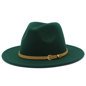 Close-up of deep green wool felt fedora featuring a brown leather belt with gold buckle