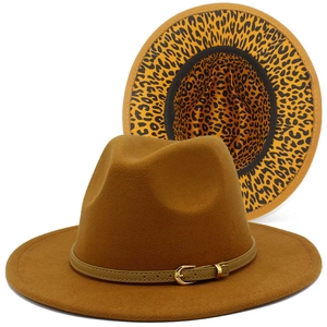 Caramel felt fedora hat for women and men with leopard print brim and leather band