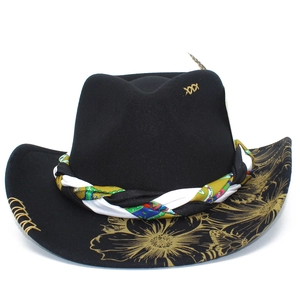 Retro black wide brim wool fedora with gold floral print and woven ethnic band